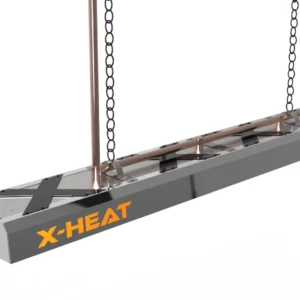a Nano-Heat²⁴ ceiling heater on a white background., it is fully black 4 X's along the top of the heater. On the left side of the heater there is an orange X-HEAT logo in all caps. Along the top there are copper pipes that go into the heater, at the end of the pipe it goes up to the ceiling, there are chains that help to hold it up aswell.