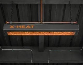 a X-Heat Nano-Heat²⁴, which is a black ceiling heater that has it's ventilation on the bottom, and the orange X-Heat logo on the front (in all caps). It's attached to the ceiling via a metal pipe at the top of it that goes horizontally across the top and attaches at the middle to a pipe that goes up into the ceiling.