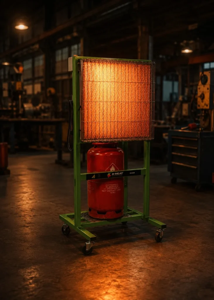 A Portable Space Heater with no cables heating up a warehouse
