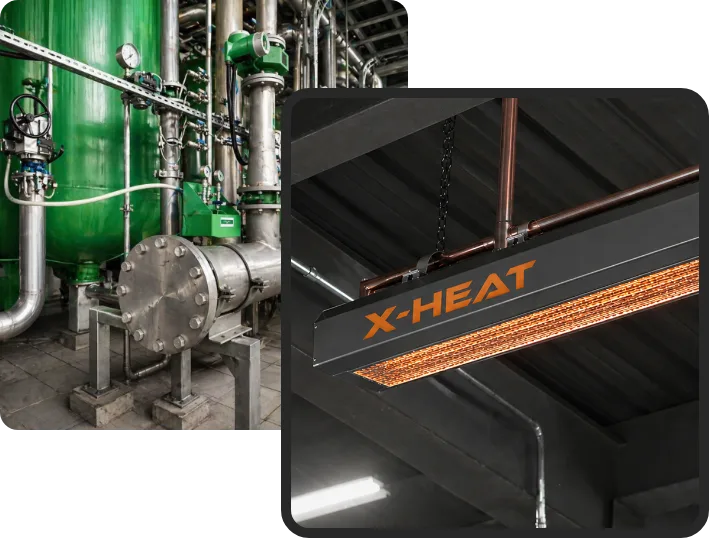 a group of images, the one on the left is an image of a boiler room with a green boiler and metal pipes leading from it, the other image is an image of the X-Heat Nano-Heat²⁴, which is attached to the ceiling.