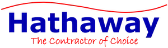 the Hathaway logo, which is blue text that reads 'Hathaway', the 'H' is capitalised, there is a red squiggly line above the text, and under the text it reads in red text with the first letter of each word capitalised 'The Contractor of Choice'.