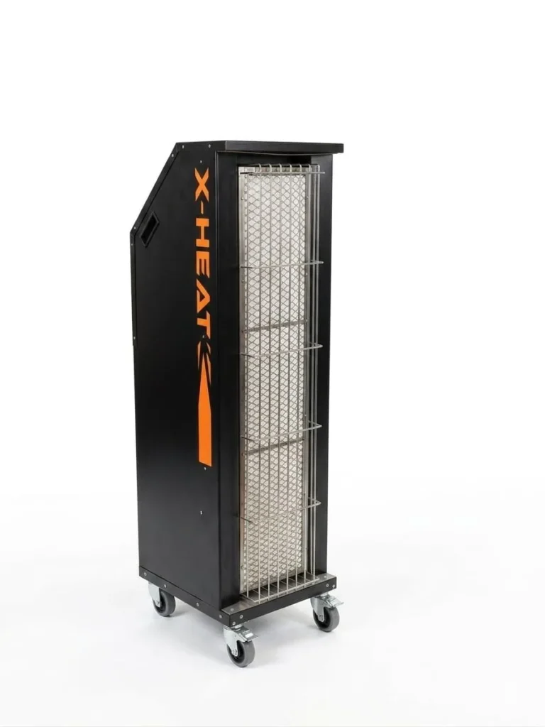 A Portable Infrared Heater on a White Background, It Isn't turned on.