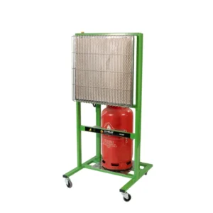Portable space heater with a green frame and wheels on a white background, shown from a left side view with a lower compartment that's holding a fuel cylinder.