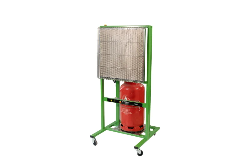 Portable space heater with a green frame and wheels on a white background, shown from a left side view with a lower compartment that's holding a fuel cylinder.