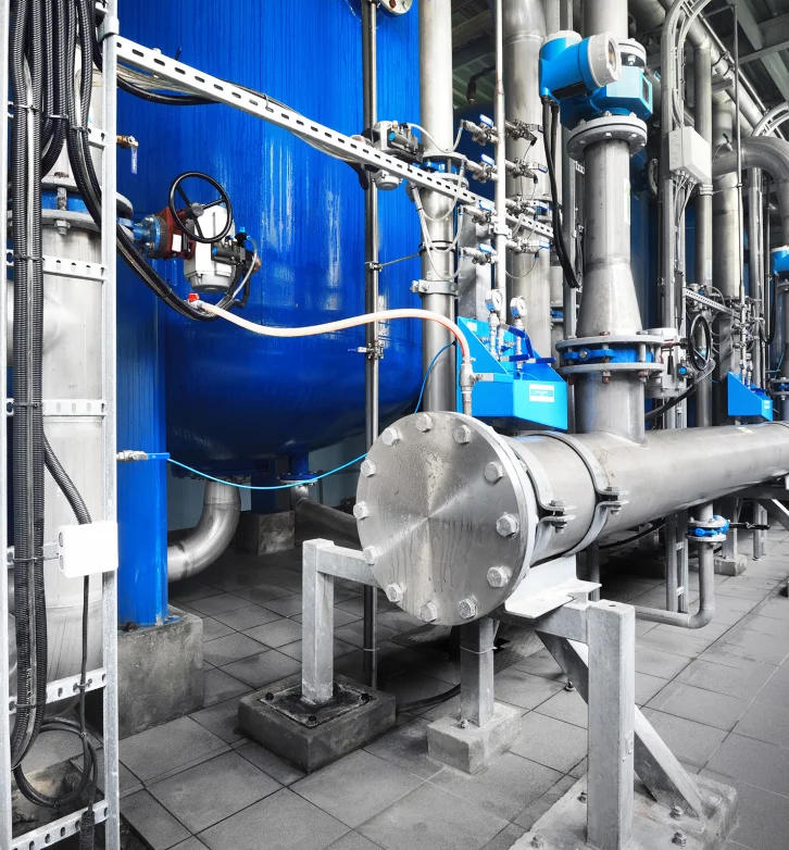 a boiler room with a blue boiler and metal pipes leadering from it.